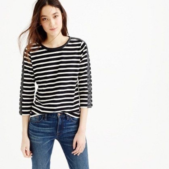 ✨ J. Crew black striped vegan leather insert top Large​ - Picture 1 of 7